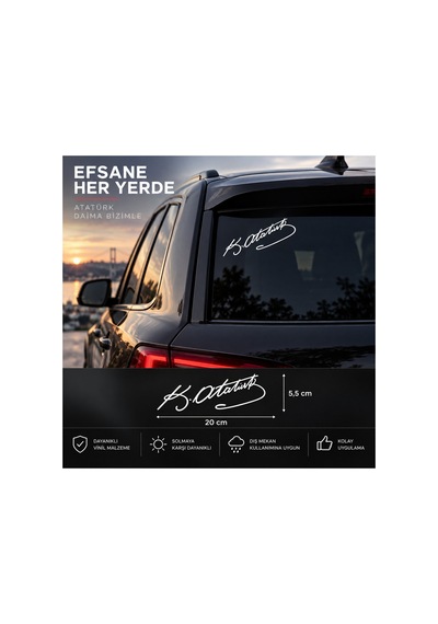 Kemal Atatürk Imza Sticker Araba, Oto Araç Sticker, 20cm