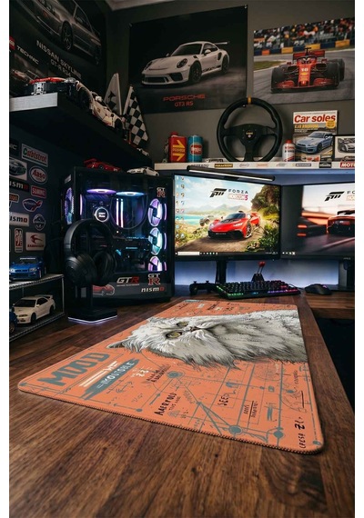 Beyaz İran Kedisi Turuncu Blueprint 40x90 Cm Oyuncu Mousepad Kaymaz Taban Büyük Boy Siyah