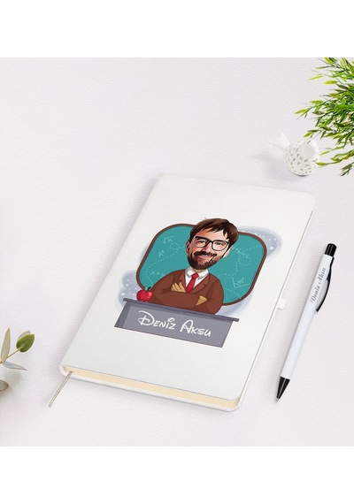 BK Gift Kişiye Özel Erkek Öğretmen Karikatürlü Beyaz Defter Kalem