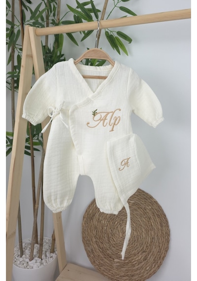 Gros Shop Müslin Yeni Doğan 4katlı Organik %100pamuk Kişiye Özgü Nakışlı Hastane Çıkış Seti İki Dallı Model-4 Ekru-3