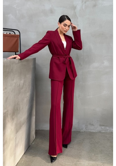Msm Fashion Kadın İkili Kuşaklı Blazer Ceket Pantolon Takım Bordo