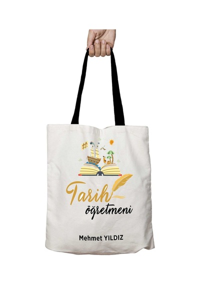 Art Hediye Siyah Kulplu Kişiye Özel Tarih Öğretmeni Kitap Yıkanabilir Okul Omuz Çanta Çok Renkli