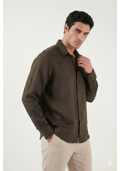 Buratti Pamuklu Regular Fit Klasik Yaka Uzun Kollu % 100 Keten Gömlek Erkek GÖMLEK CF26S1210000 Kahve