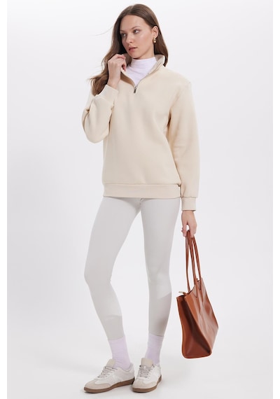 Tudors Kadın Relax Fit Rahat Kesim Pamuklu İçi Polarlı Yarım Fermuarlı Ekru Dik Yaka Sweatshirt-42196 Ekru