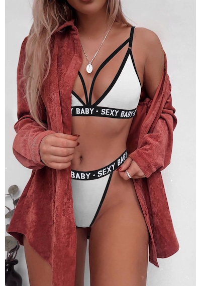 Ang Butik Kadın Beyaz Yazı Detaylı Ipli Sütyen Takımı