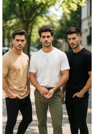 Rich Erkek 3'lü Paket Siyah-beyaz-bej %100 Pamuk Oversize Tişört Basic Bisiklet Yaka Kısa Kollu T-shirt Bej