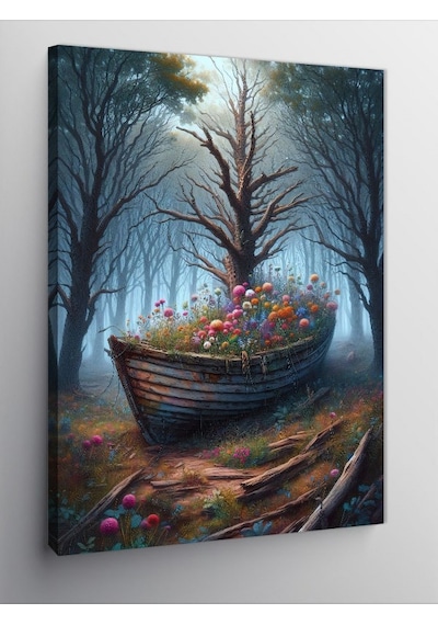Kanvas Tablo Ahşap Tekne Ve Çiçekler 50cmx70cm