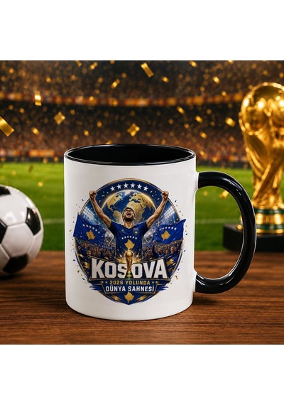 Bk Gift Kosova Taraftar Temalı Dünya Futbol Kupası Tasarımlı Siyah Kupa Bardak-4 Beyaz