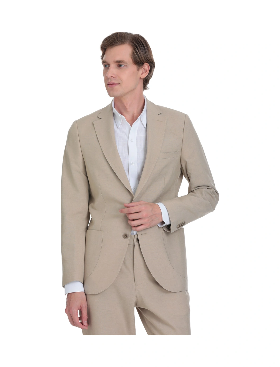 Hatemoğlu Vizon Slim Fit Mono Yaka Keten Takım Elbise Vizon