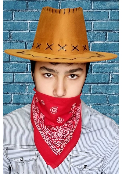 Uniquetrenders Çocuk Unisex Bandanalı Nubuk Kovboy Şapkası 8-14 Yaş Taba 2