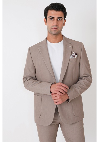 Comfort Fit Esnek Pamuklu Torba Cep Bej Blazer Ceket C 743