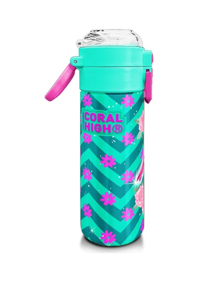 Coral High Kids Su Yeşili Pembe Flamingo Desenli Pipetli Ve Direkt İçim Çelik Termos 500 Ml 31820 Su Yeşili