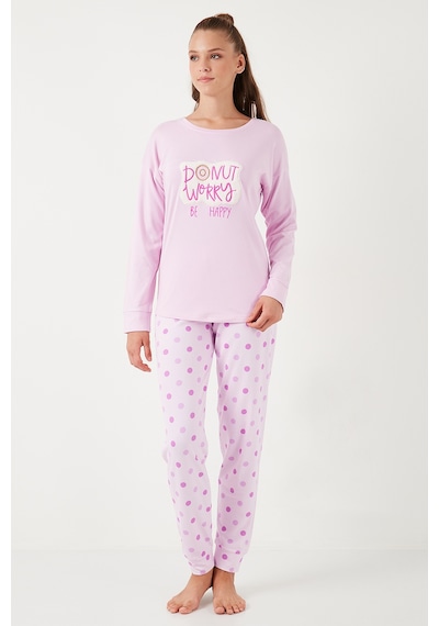 Lela Streç Standart Fit Bisiklet Yaka Desenli Bayan Pijama Takımı 6095700 Açık Pembe