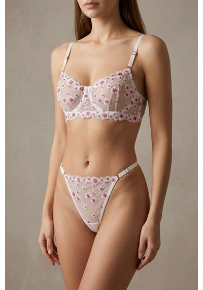 Brem Ekru Pembe Çiçekli Balenli Bralet Takım