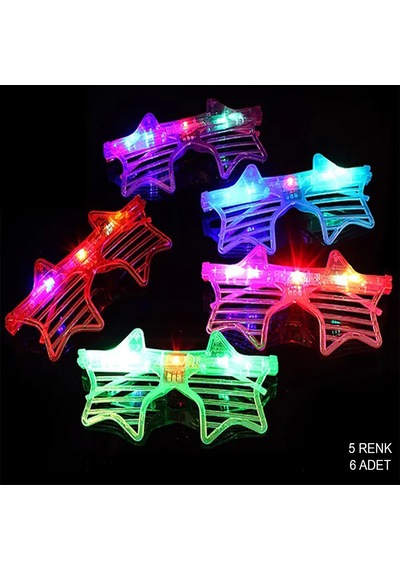 Işıklı - 643 - Yıldız Şekilli Led Parti Gözlüğü 5 Renk - Edntrend - 6 Lı Set