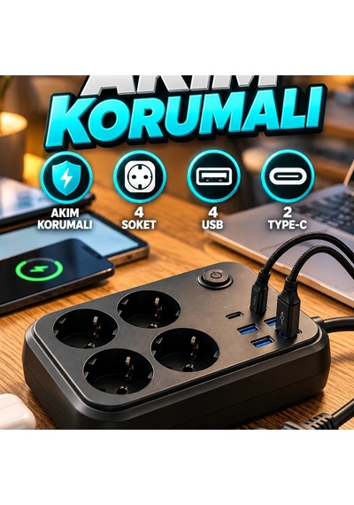 Akım Korumalı Çoklu Priz 4 Soket, 4 Usb Ve 2 Type-c Şarj Girişli Diğer