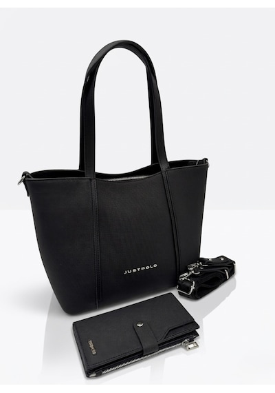 Just Polo Kadın Orijinal Büyük Boy Lüks El & Omuz Çantası Ve Cüzdanı Shopper 27 X 33 Cm Siyah