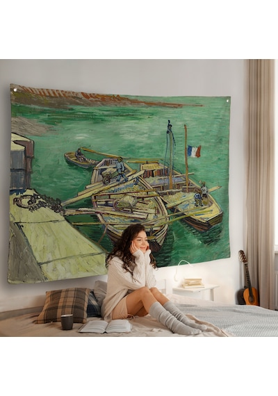Vincent Van Gogh - Kum Mavnalarını Boşaltan Adamlarla Rıhtım Duvar Örtüsü-7185