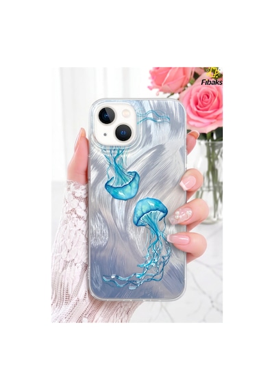 Fibaks iPhone 13/14/15 Uyumlu Kılıf Hologramlı Mavi Deniz Anası Desenli Darbe Emici Kamera Korumalı Silikon