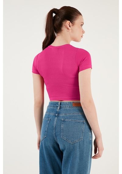 Lela Fitilli Bel Detaylı Kısa Kollu Dar Kesim Crop Bayan Bluz 5864211 Fuşya