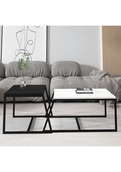 Minimal İkili Orta Sehpa Modern Tasarım, Çok Amaçlı Kullanım Beyaz - Siyah