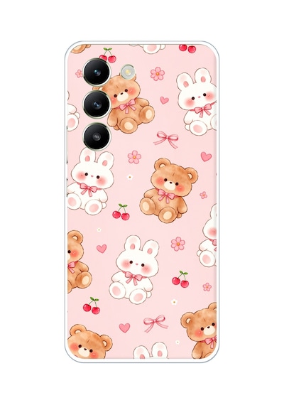 Vivo V30 Lite Uyumlu Pembe Ayıcıklı Ve Tavşanlı Kawaii Kiraz Baskılı Silikon Kılıf