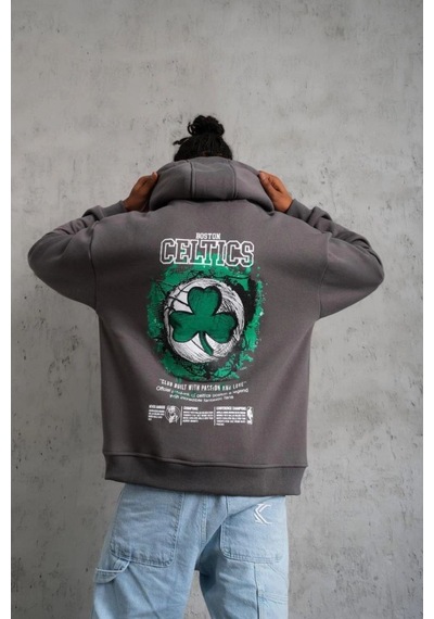 Mbb E-ticaret Erkek 3 İplik Pamuklu Kapüşonlu Baskılı Cepli Oversize Sweatshirt Hoodie - Gri