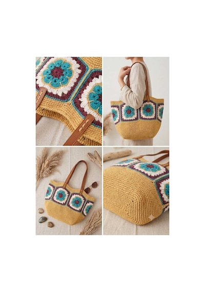 Myzumax El Örgüsü Motifli Kağıt İp Kadın Omuz Çantası Deri Askılı, Boho / Bohemian Tasarım Plaj Ve Günlük Çanta Bej