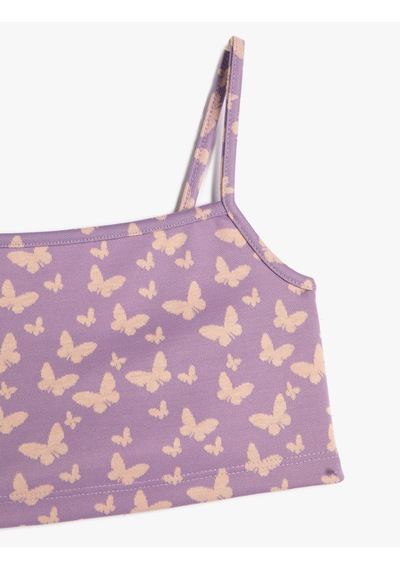 Koton Atlet Crop Kelebek Desenli İnce Askılı Lila Desenli 3skg30054ak Lila