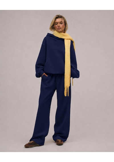 Macklin Unisex Kadın Erkek Baskısız Rahat Kalıp Oversize 3 İplik Kapüşonlu Hoodie Ve Baggy Eşofman Altı Lacivert
