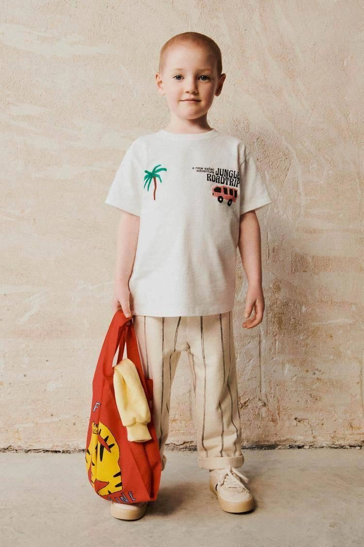 Cg Kids Jungle Çizgili Keten Kombinli Erkek Çocuk Alt Üst Takım Beyaz - Krem