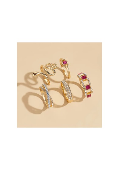 Solea - 5 Adet Parlak Pembe Taşlı Yılan Figürlü Tasarım Retro Şık Çoklu Gold Altın Yüzük Seti