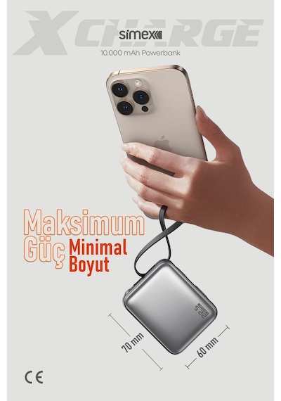 Simex 10.000 Mah 22.5w Hızlı Şarj Pd Powerbank Kendinden Kablolu Ve Dijital Göstergeli Taşınabilir Cihazı Standart