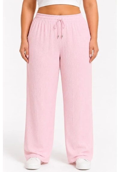 Meleners Battal Beden Bürümcük Kumaş Beli Lastikli Bağcıklı Bol Paça Palazzo Pantolon - Pembe