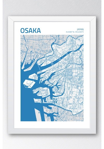 Osaka Japonya Japan Haritası Çerçeveli Tablo Lüks Salon Ofis Duvar Dekorasyonu Hediyelik Tablo Beyaz