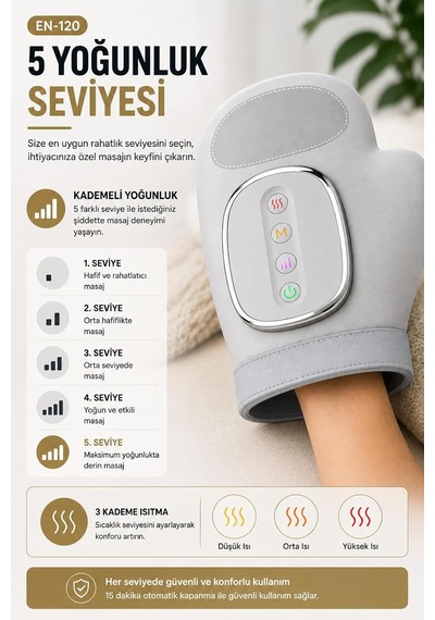 Elektrikli El Masaj Aleti Isıtmalı, 3 Masaj Modu 5 Yoğunluk Seviyesi, 3 Kademe Isıtma, 2000 Mah Şarjlı, Parmak Avu