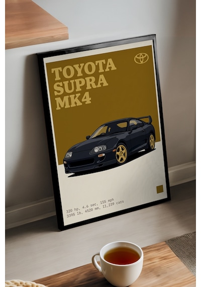 Toyota Supra Mk4 Siyah Ahşap Çerçeveli Poster, Dekoratif Araba Duvar Tablosu