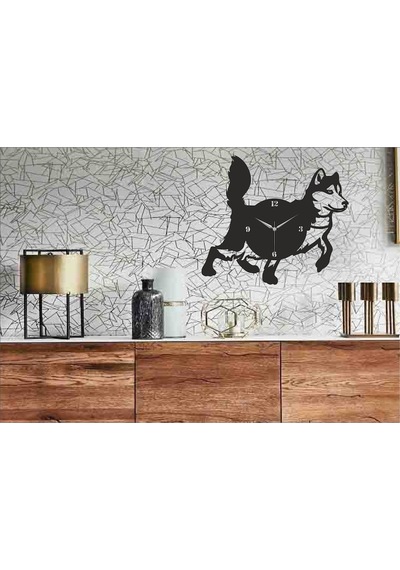 Husky Temalı Dekoratif Ahşap Duvar Saati Ahşap