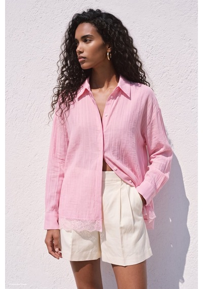 Sateen Dantel Detaylı Gömlek - Pembe-137693