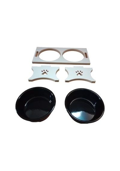 Köpek Su Ve Mama Kabı Standı - Büyük Irk - Beyaz Mdf - 2'li Model - Beyaz Seramik Kase - 2 1000ml