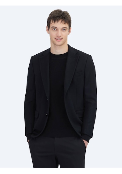Siyah Düz Modern Fit Yün Karışımlı Ceket Siyah
