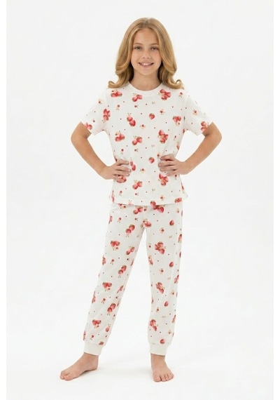 Bunny Hopp Kız Çocuk Pijama Takımı %100 Pamuk Çilek Desenli Yazlık Kısa Kollu Beyaz