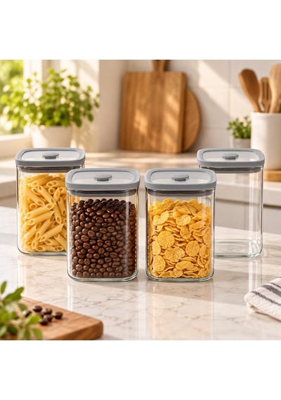 4'lü 1000 Ml Gri Kapaklı Cam Kavanoz Sızdırmaz Saklama Seti Çok Renkli