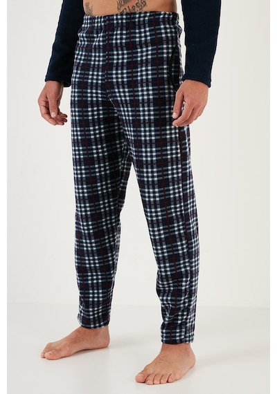 Buratti Ekoseli Regular Fit Düğmeli Bisiklet Yaka Kışlık Polar Erkek Pijama Takımı 60961002 Lacivert