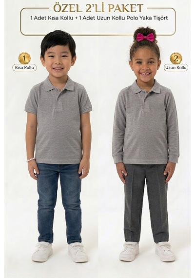 Nacar Store Unisex Çocuk Uzun Ve Kısa Kollu Polo Yaka Okul Tişörtü 2'li Set Gri