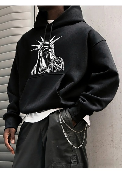 Startmore Tarzsokak Özgürlük Heykeli Desenli S-2xl Erkekler İçin Hip Hop Sonbahar Sweatshirtleri Cepli Polar Üstl Siyah