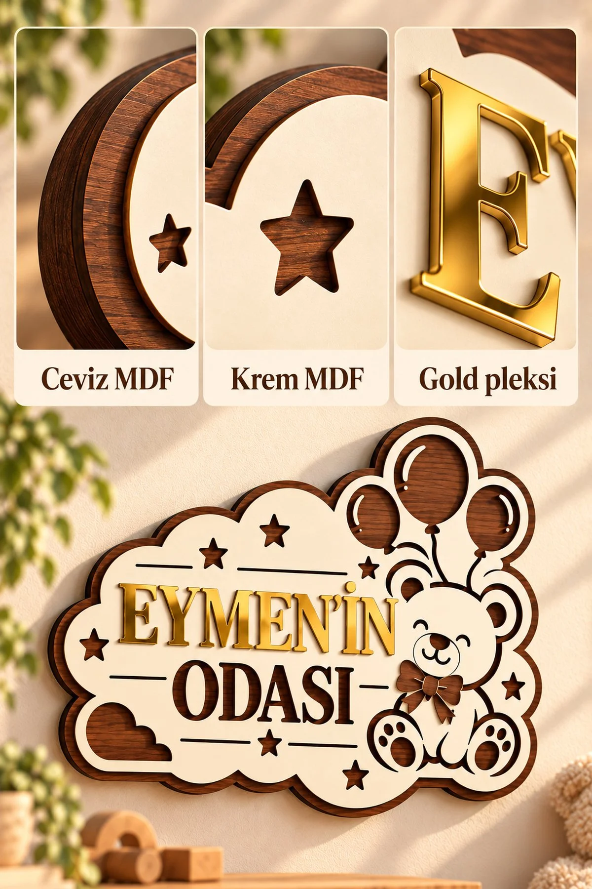 Kişiye Özel Ayıcıklı Balonlu Bebek Ve Çocuk Odası İsimliği Gold Pleksi Mdf Kapı Ve Duvar Süsü