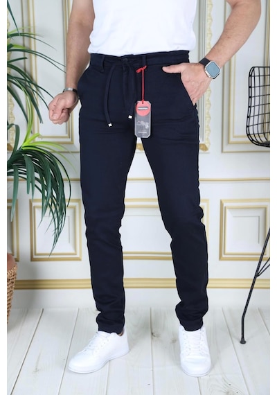 Phantom Jeans Erkek Lacivert Slim Fit Esnek Likralı Armürlü Keten Pantolon Bağcıklı Kemerli Beli Lastikli Şık Pant Lacivert
