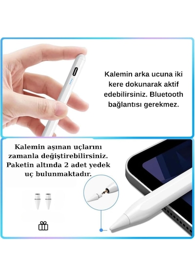 İpad 2018-2026 İçin Stylus Tablet Kalem 2018 Sonrası Tüm İpad Modellerinine Uyumlu Eğim Sensörlü Avuç İçi Reddi Aktif Stylus Kalem Beyaz Belirtilmemiş