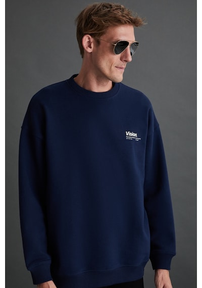 Grimelange Ernest Erkek Yumuşacık Içi Polarlı Baskı Detaylı Organik Pamuk Oversize Lacivert Sweatshirt